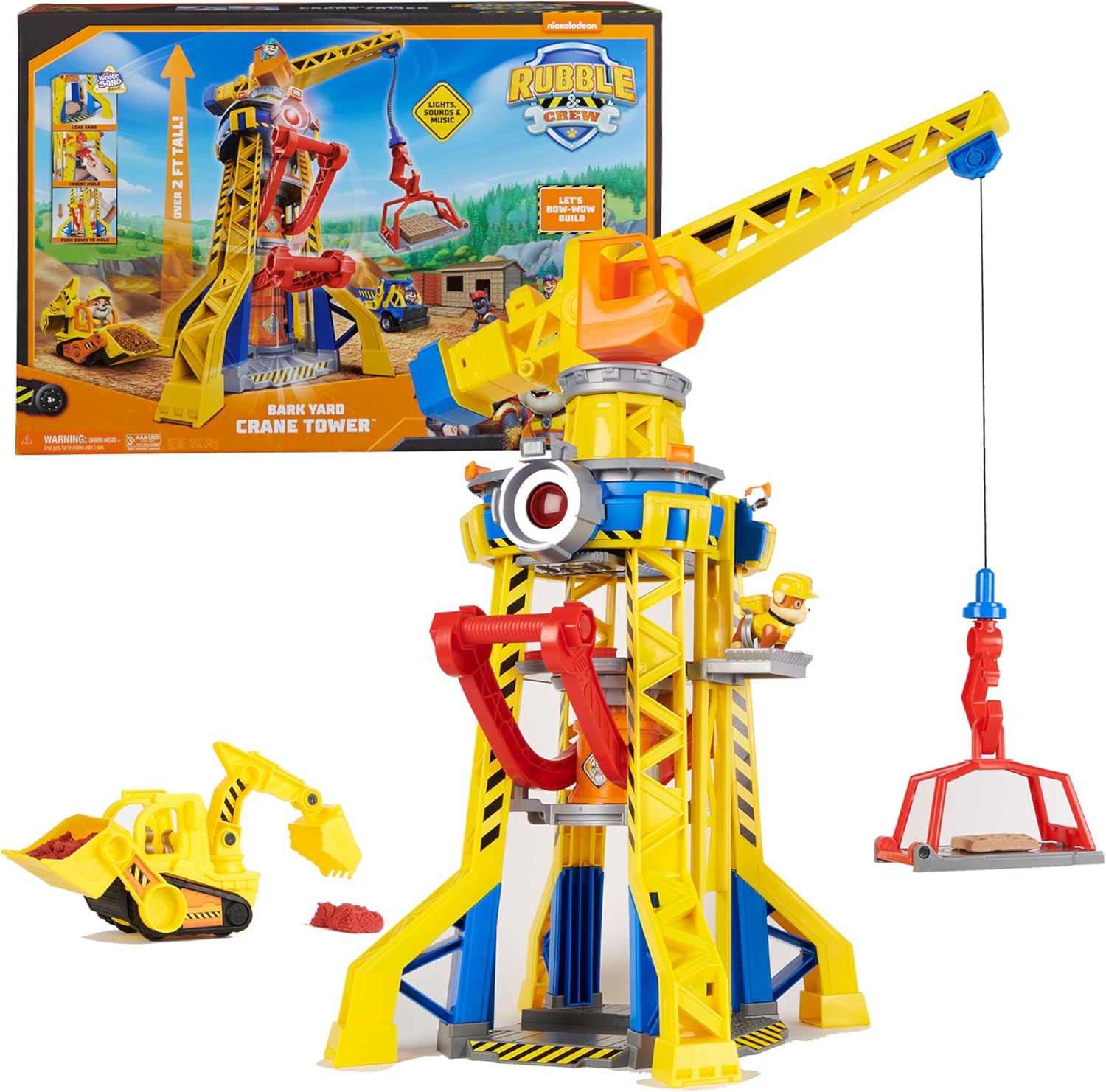Rubble and Crew, Bark Yard Crane Tower Playset with Rubble Action Figure, Toy Bulldozer and Kinetic Build-It Play Sand, Kids’ Toys for Boys and Girls 3+