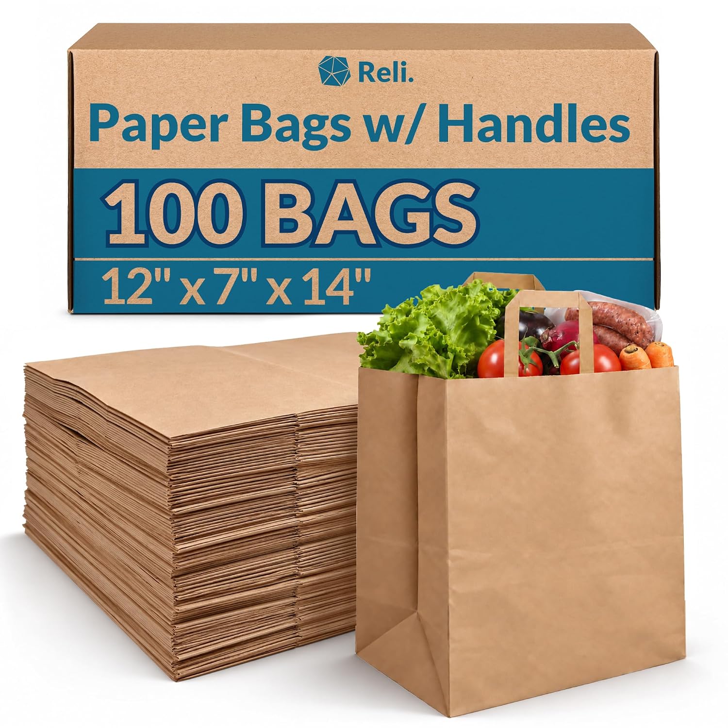 Reli. Paper Grocery Bags w/Handles | 100 Pcs Bulk Pack (12"x7"x14")