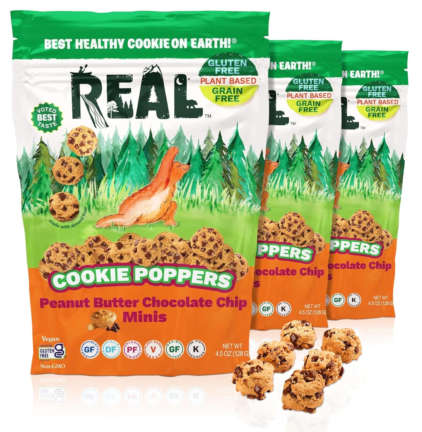 REAL Peanut Butter Chocolate Chip Mini Cookie Poppers – Bite-sized Gluten Free Baked Cookies – Dairy Free, Vegan, Kosher, Paleo – Delicious Mini Peanut Butter Chocolate Chip Cookies (4.5 oz, 3 Pack)