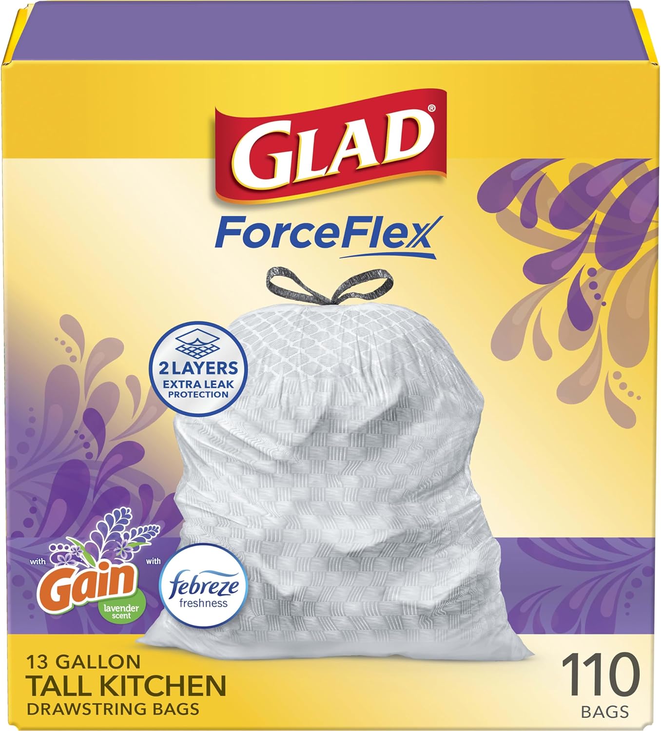 Glad ForceFlex Tall Kitchen Trash Bags, 13 Gal, Gain Lavender with Febreze, 110 Ct (Pack May Vary)