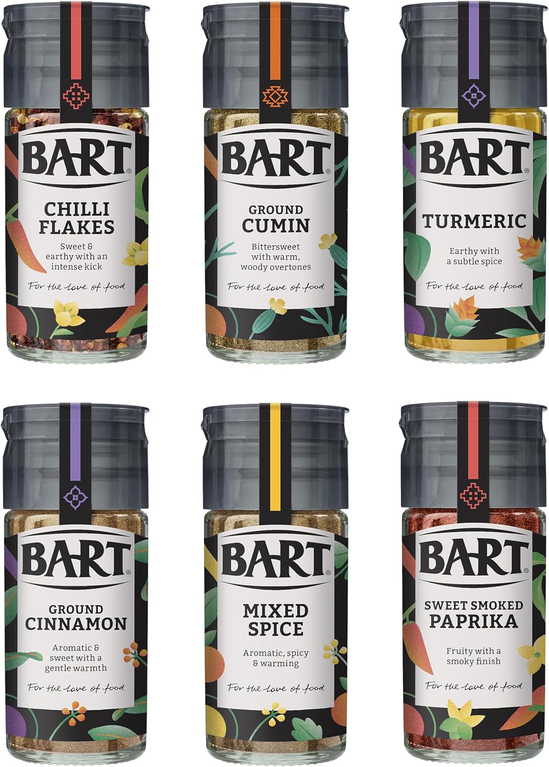 BART Essential Spices Bundle - Including Chilli Flakes, Turmeric, Ground Cumin & Cinnamon, Sweet Smoked Paprika & Mixed Spice (Bulk Buy Pack of 6)