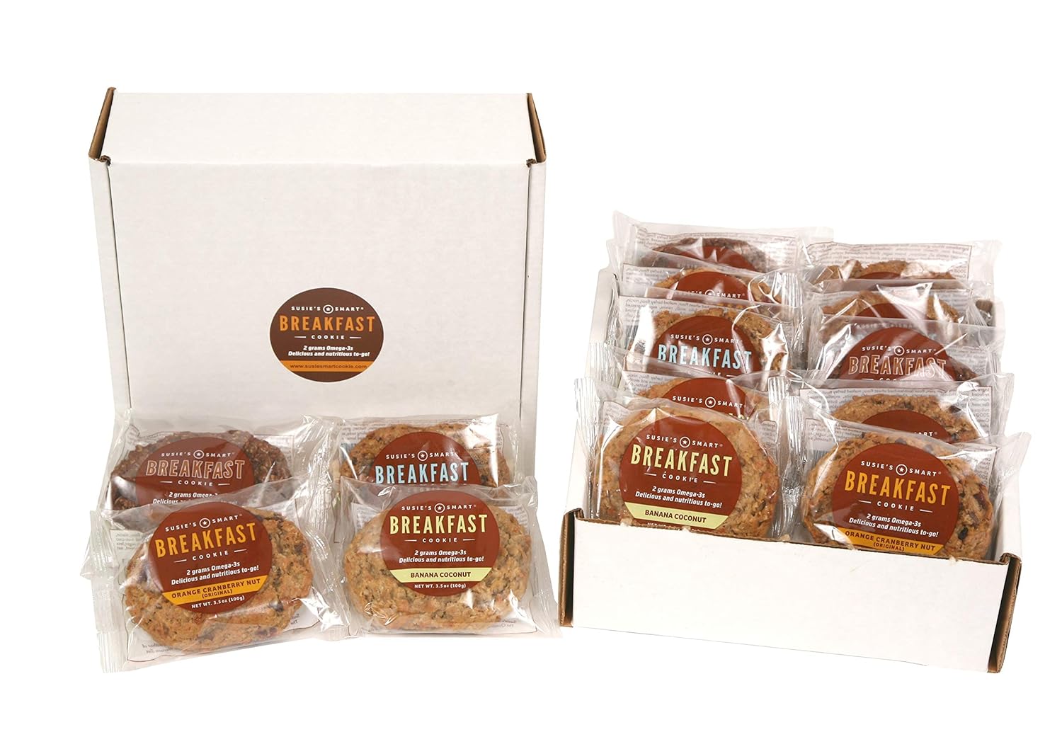 Susie's Smart Breakfast Cookie Mixed Box of 12 Breakfast Cookies, (3) Orange, Cranberry Nut; (3) Gingered Apple; (3) Banana Coconut; (3) Cocoa, 3.5 Ounce