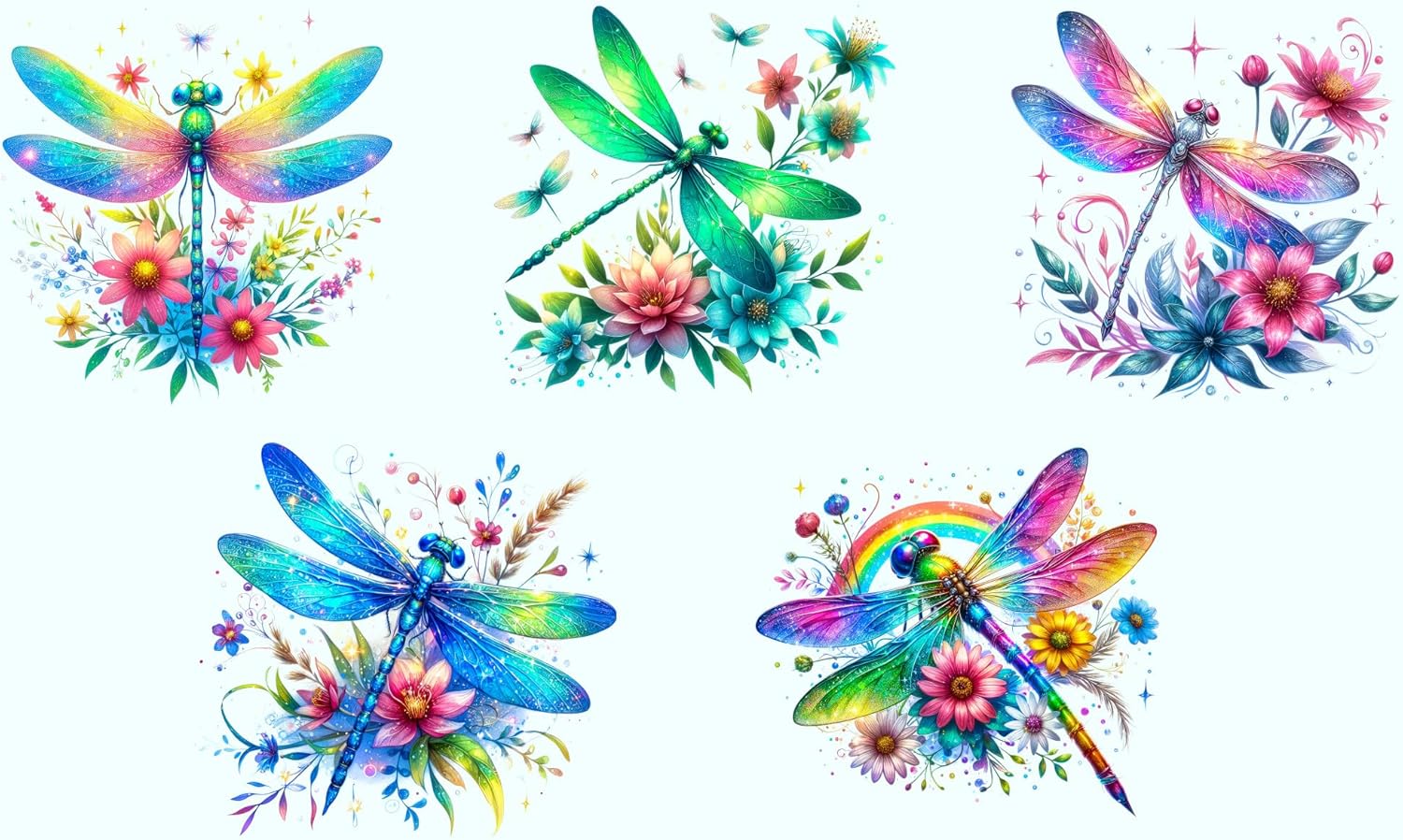 5 Piece 4"x4" Dragonflies 100% Cotton Panel Squares - Quilting Sewing Blocks