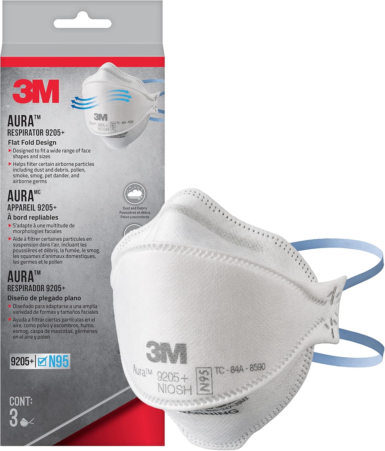 3M Aura Particulate Respirator 9205+ N95, Lightweight, 3 Panel Designed Helps Provide Comfortable and Convenient Respiratory Protection, 3-Pack