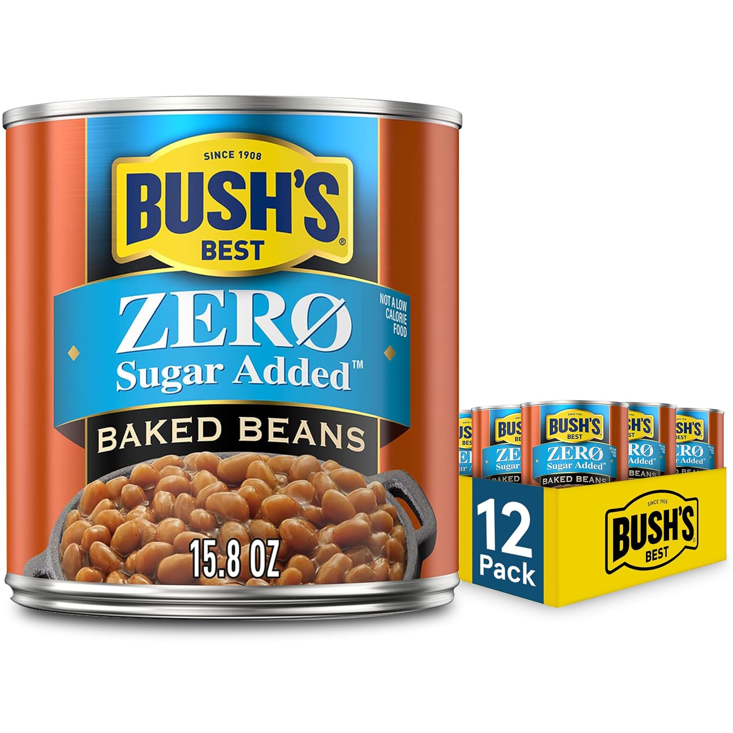 BUSH'S BEST 15.8 oz Canned Zero Sugar Baked Beans, Source Of Plant Based Protein and Fiber, Low Fat, Gluten Free, (Pack of 12)