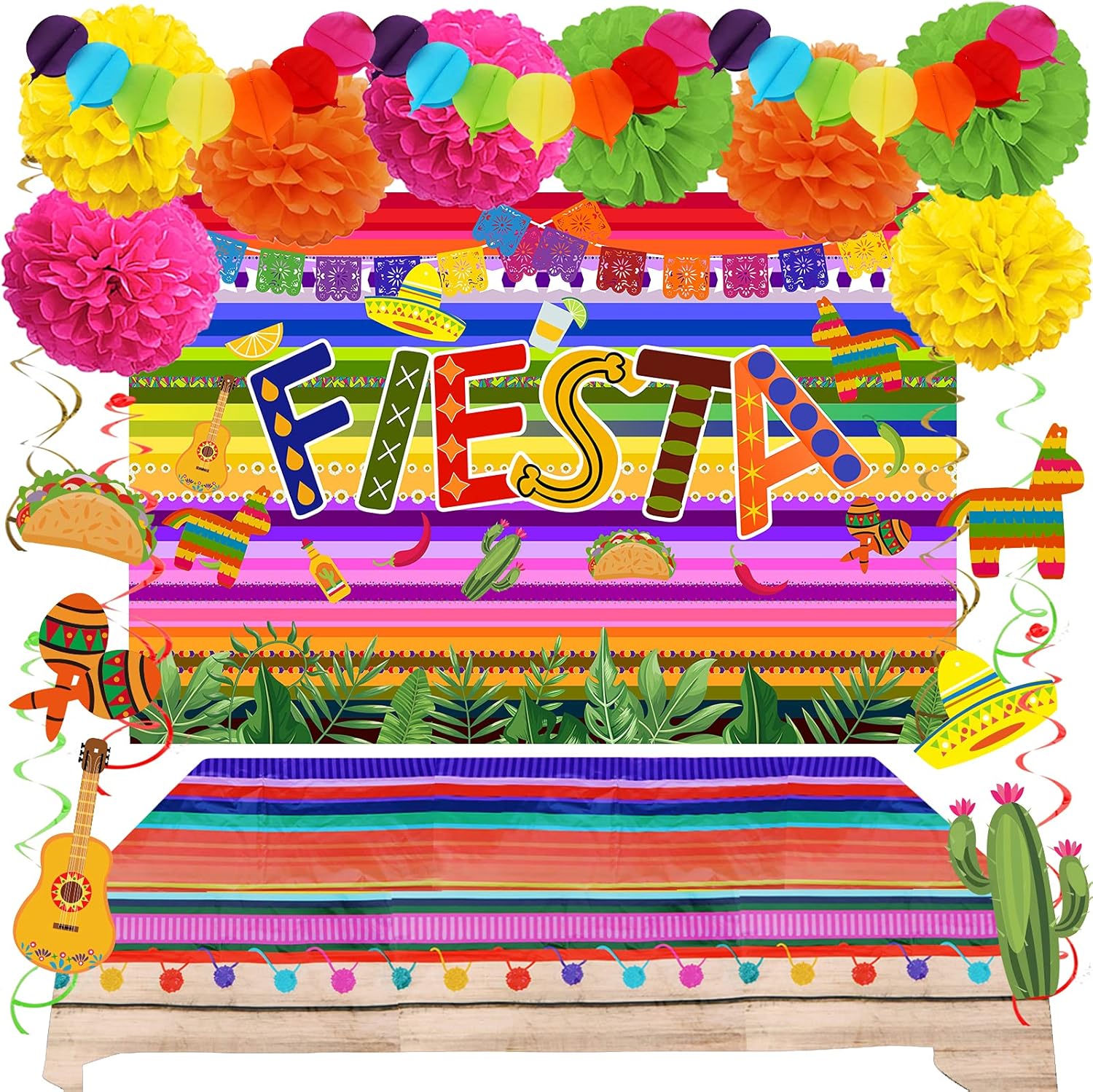 ZERODECO Party Decorations - Mexican Theme Party Backdrop, Plastic Table Cover, Multicolor Paper Pompoms, Festival Theme Swirls for Fiesta Mexicana Cinco De Mayo Luau Event Birthday Party Supplies