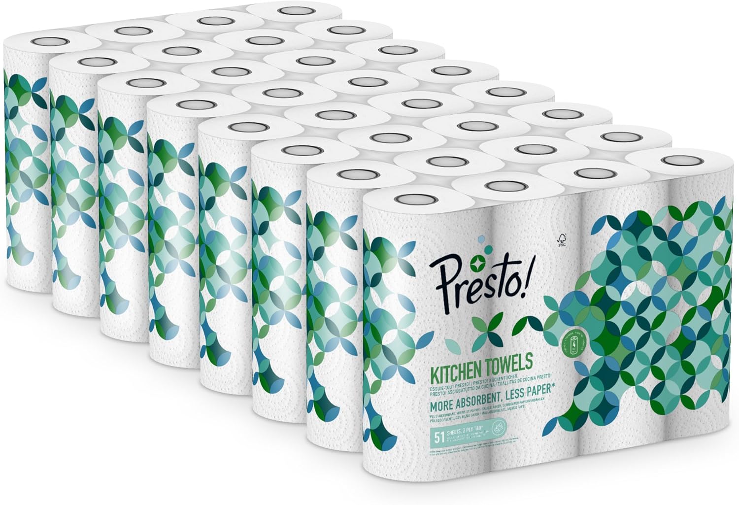 Amazon Brand - Presto! TAD Kitchen Roll, Extra Absorbent, 1632 sheets, 32 Count (8 Packs of 4), 51 Sheets per Roll, Wring and Reuse, FSC Certified, White