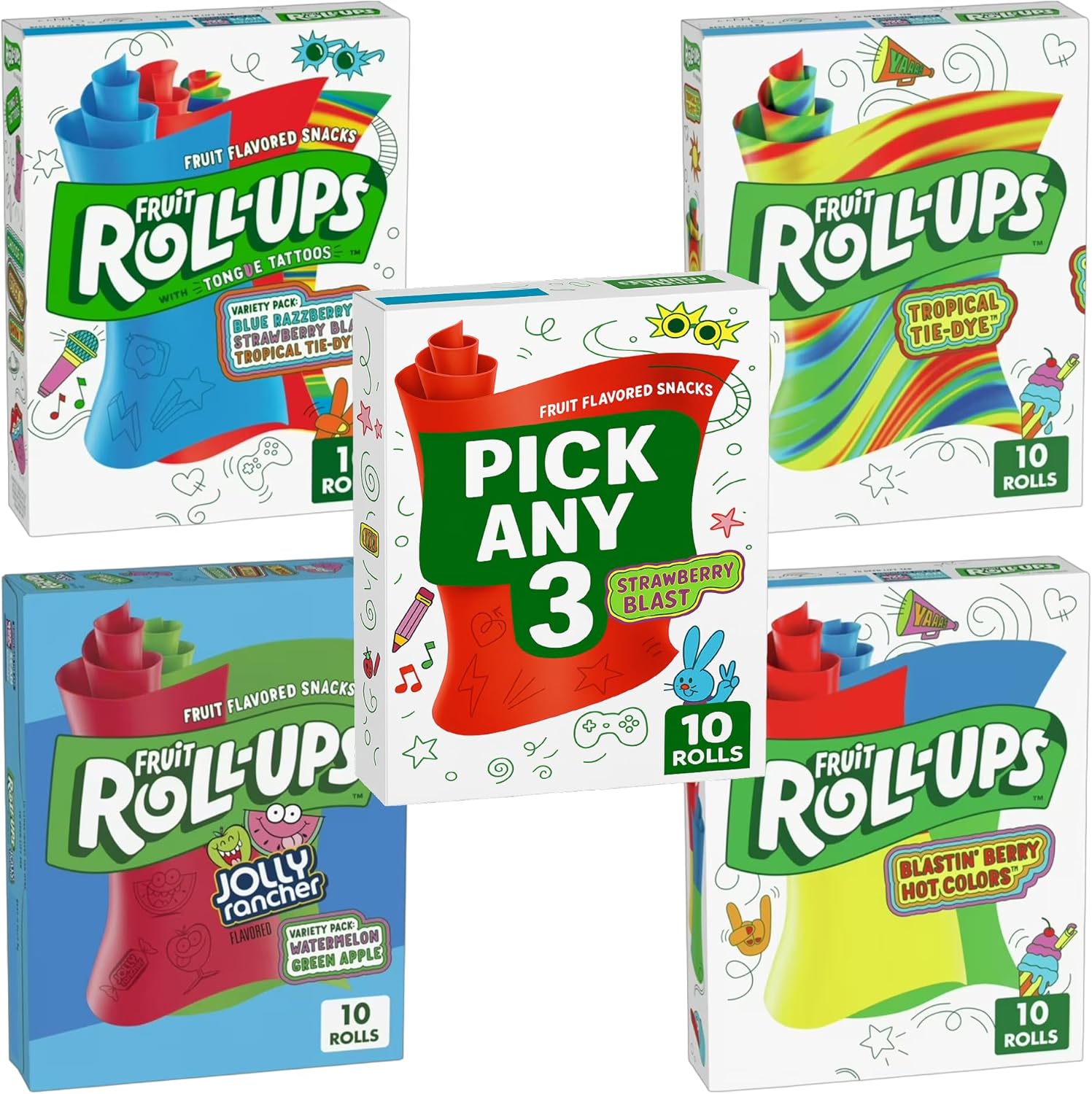 Fruit Roll-Ups Variety Pack – Pick Any 3 x 10 Rolls (30 Total) | Strawberry Blast, Tropical Tie-Dye, Blastin’ Berry & More | Fruit Flavoured Snacks | US Import | 3 x 141g