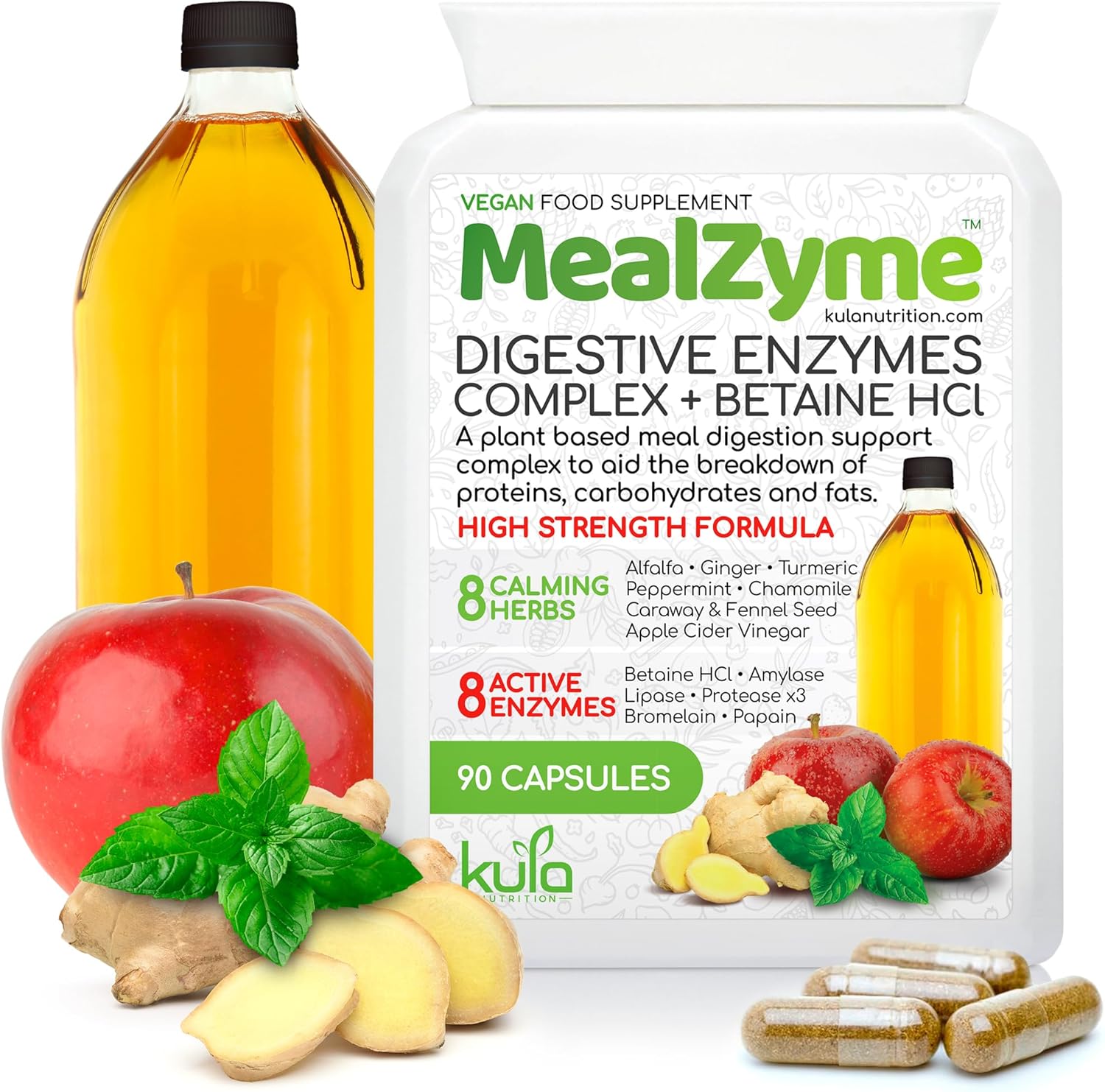 MealZyme - Digestive Enzyme Supplement - 8 Plant Based Complex with Bromelain, Betain HCL, Amylase, Protease, Lipase, Papain and Peppermint for Fast Indigestion and Bloating Relief - 90 Vegan Capsules