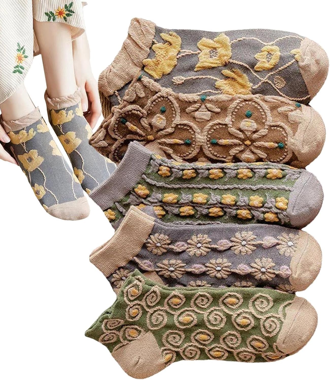 Retro Floral Socks - 5 Pairs Women Cotton Floral Socks | Combed Cotton Crew Socks, Cute Fall Decorative Flower Socks for