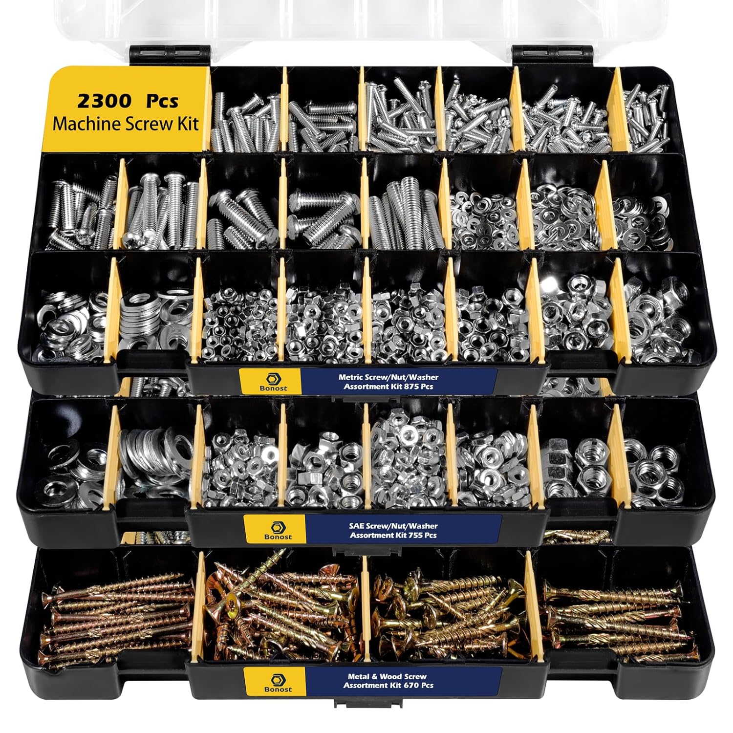 2300 Pieces Hardware Assortment Kit - Metric & SAE Machine Screw Assortment Kit with Assorted Nuts, Bolts, and Washers (3 Trays)