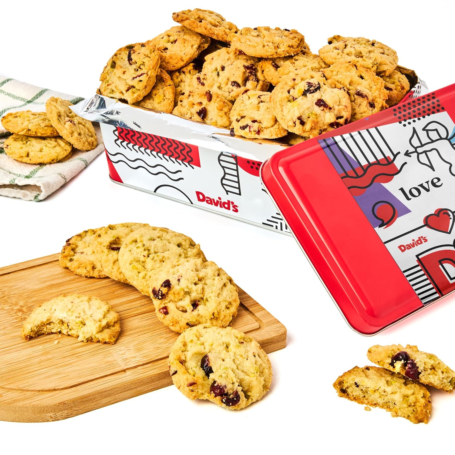 David's Cookies Cranberry Pistachio Biscuits Sweet Sampler in Love Tin - 9.3oz Irresistible Crunch, Snacks & Bakery Treats - Ideal for Snacking & Gifting - Delicious Gourmet Gift For All Occasions