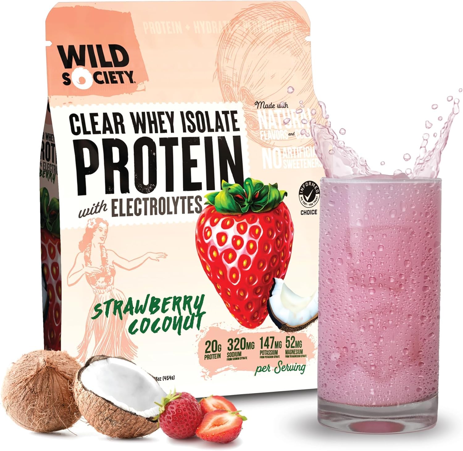 WILD SOCIETY - Premium Clear Whey Protein + Electrolytes - Refreshing Whey Protein Isolate Powder - 20g Protein, 0 Added Sugar, GMO-Free, Natural Flavors & Colors - Strawberry Coconut, 16 oz