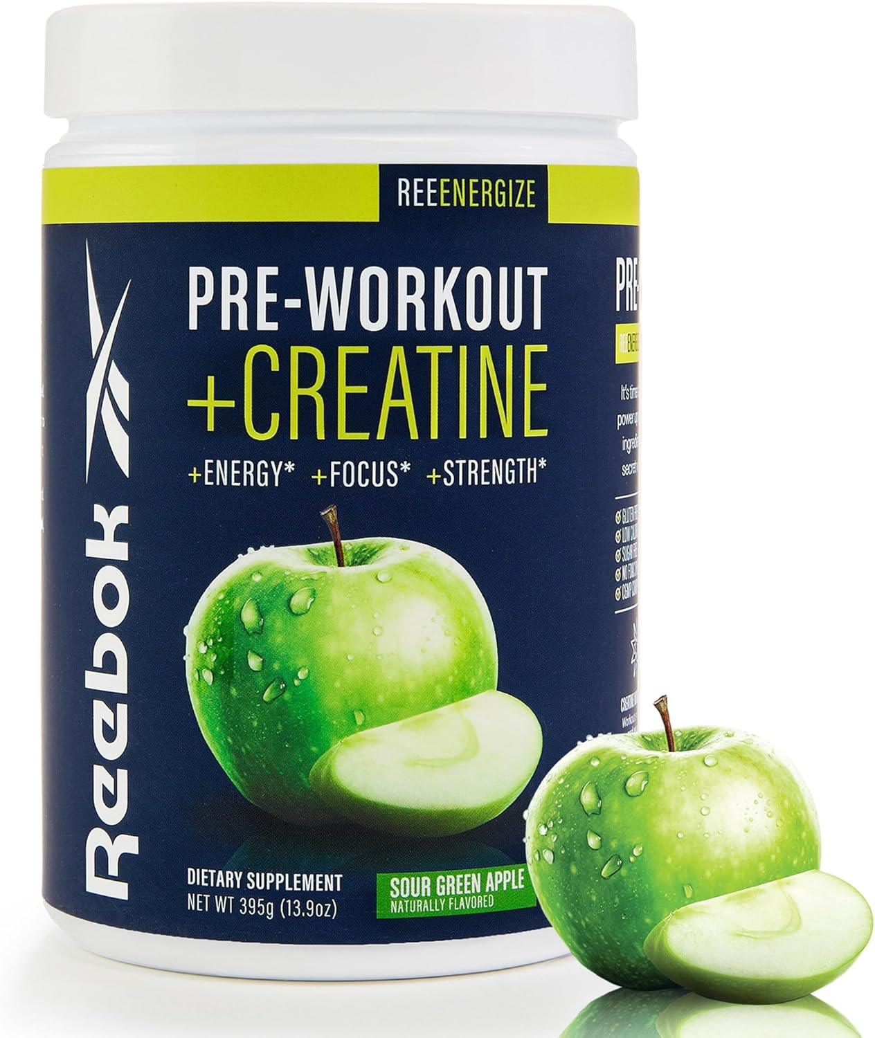 Reebok Pre-Workout Powder | 200mg Natural Caffeine, 3g Creatine Monohydrate, 4g Citrulline | Strength, Focus & Pump | Informed-Sport Certified | ReeEnergize | Sour Green Apple