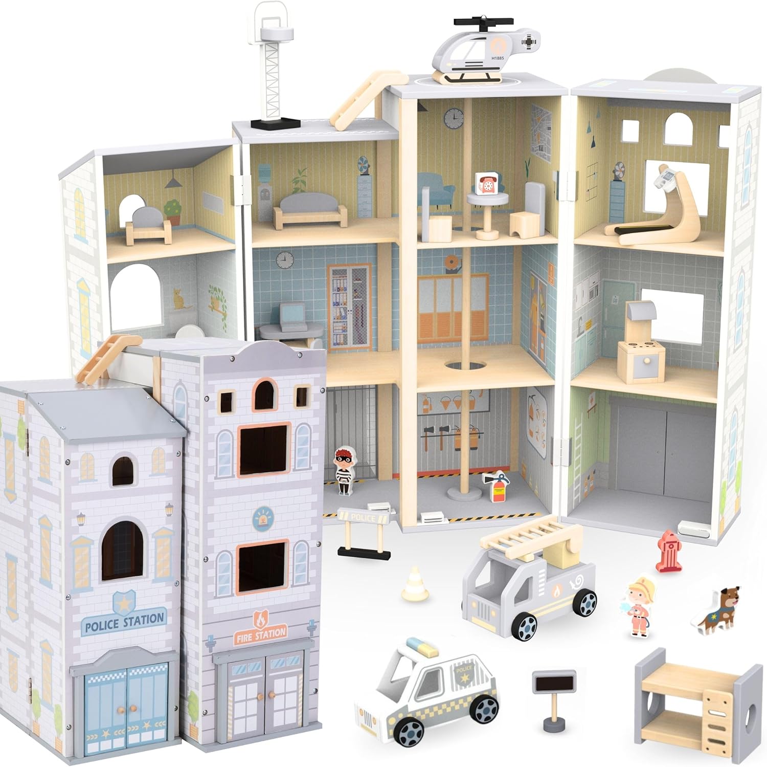 Mamabrum Wooden Fire Station & Police Station Playset for Kids – 3-Storey Toy Building with Vehicles & Accessories – Compatible with Figures – Ideal for Role Play & Creative Fun