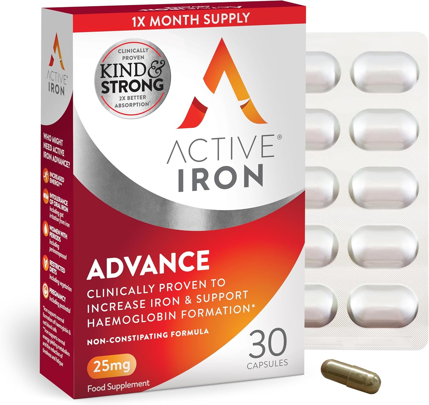Active Iron Advance Supplement 25 mg, Non Constipating, Clinically Proven to Increase Iron Levels, Fights Tiredness & Fatigue, 30 Capsules, 1 Month Supply