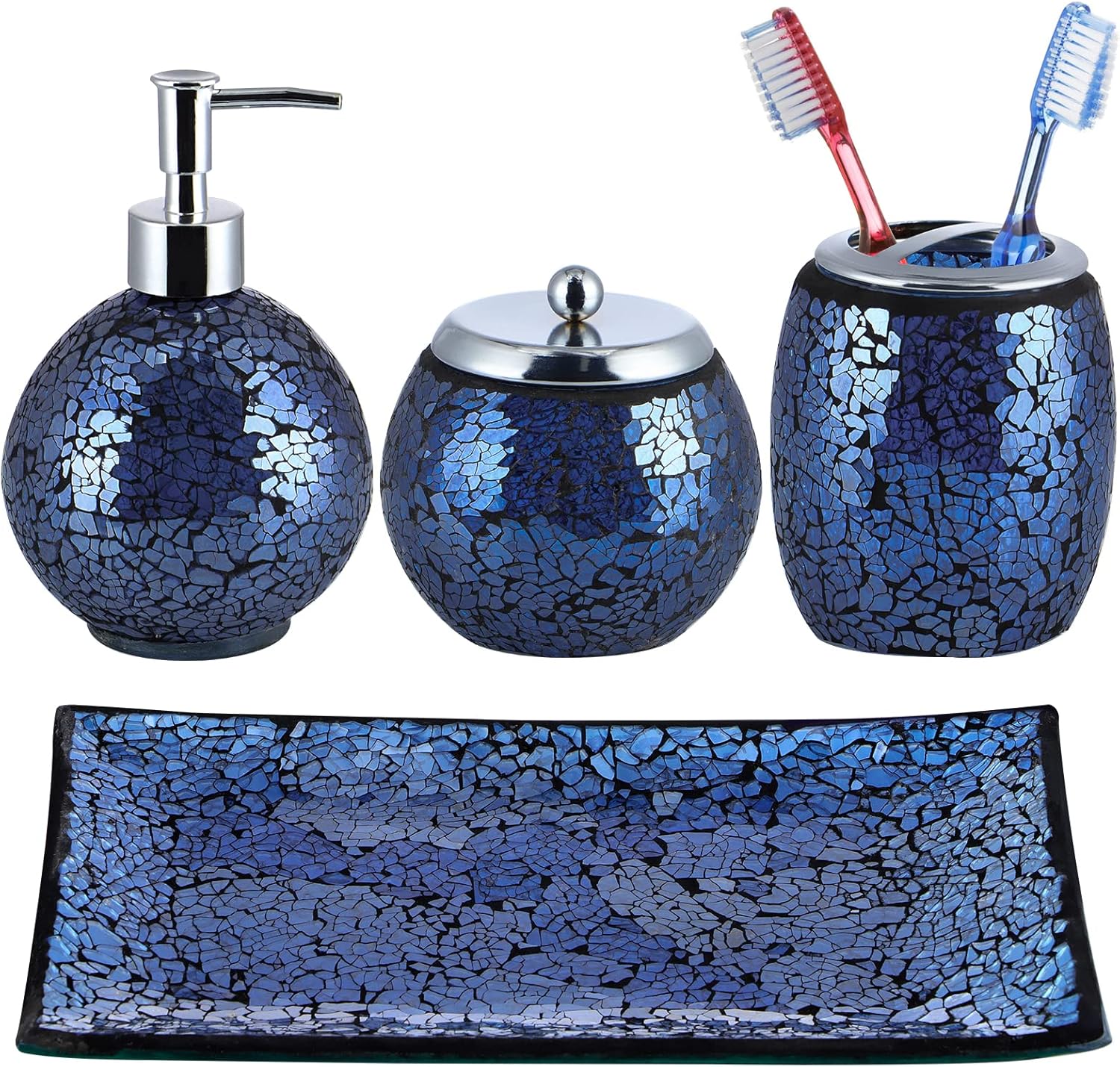 4 Pcs Mosaic Glass Bathroom Accessories Set, Modern Luxury Bath Ensemble, Includes Soap Dispenser, Cotton Swab Jar, Toothbrush Holder, Vanity Tray (Shiny Blue)