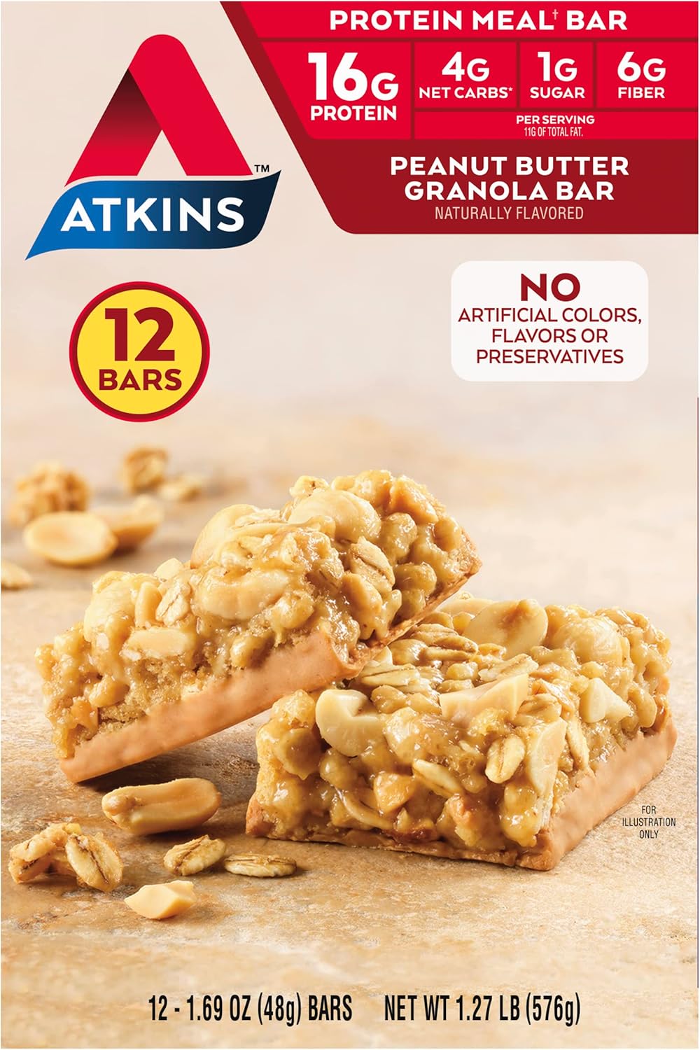 Atkins Peanut Butter Granola High Protein Bar, High Fiber , 16g Protein, 1g Sugar, 4g Net Carb, Keto Friendly, 12 Count
