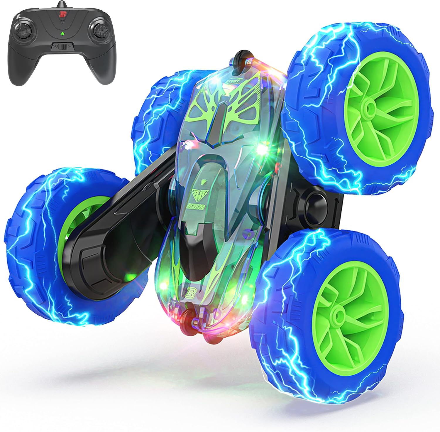 BEZGAR LED Remote Control Cars - 2.4GHz Double Sided Stunt Car, 360° Flips Rotating 4WD RC Car, Indoor & Outdoor Fun Rechargeable Toy Gifts for Boys Kids Girls, TD203 Blue