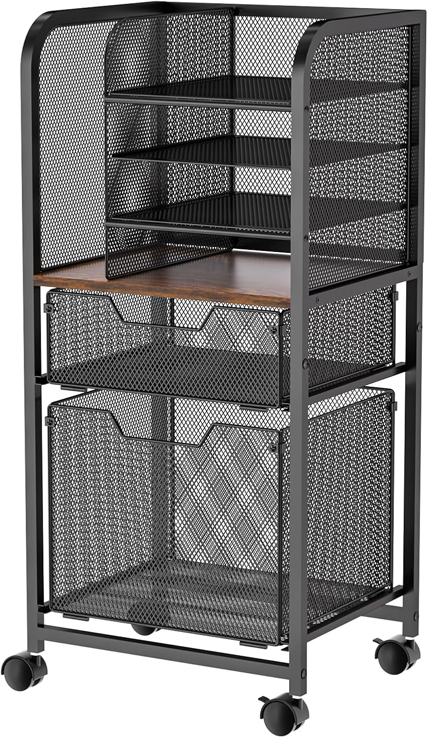 6-Tier Rolling File Cart with 2 Drawers, File Cabinet Organizer for Hanging File Folders, Letter-Size File Storage with Wheels, Multi-Layer Mobile Filing Cabinet for Office and Home