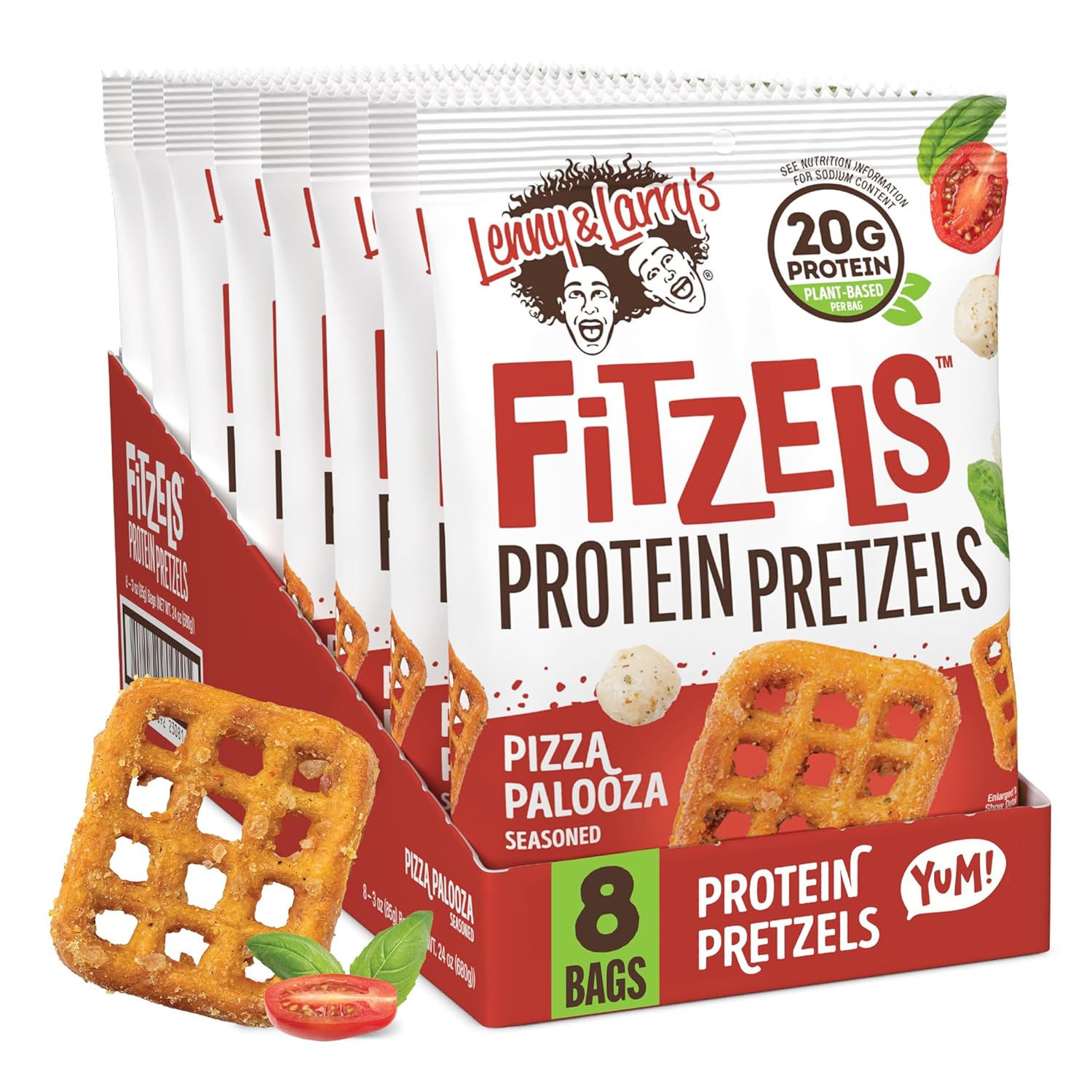 Lenny & Larry's Pizza Palooza FITZELS- Savory Pretzel Snacks Incredibly Tasty High Protein, Salty, Vegan 20 g's of Plant Based Protein 8 (eight) Bags, 3 oz Each