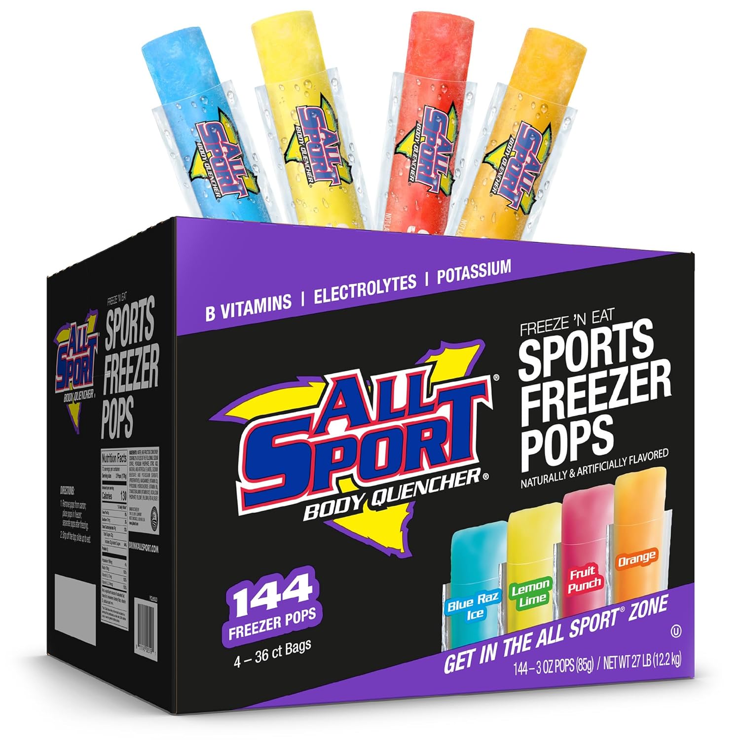 All Sport Freezer Pops, Giant Sized 3oz, 144 CT, Refreshing Ice Pops with Electrolytes, B Vitamins & Potassium –Blue Raz Ice, Lemon Lime, Fruit Punch & Orange