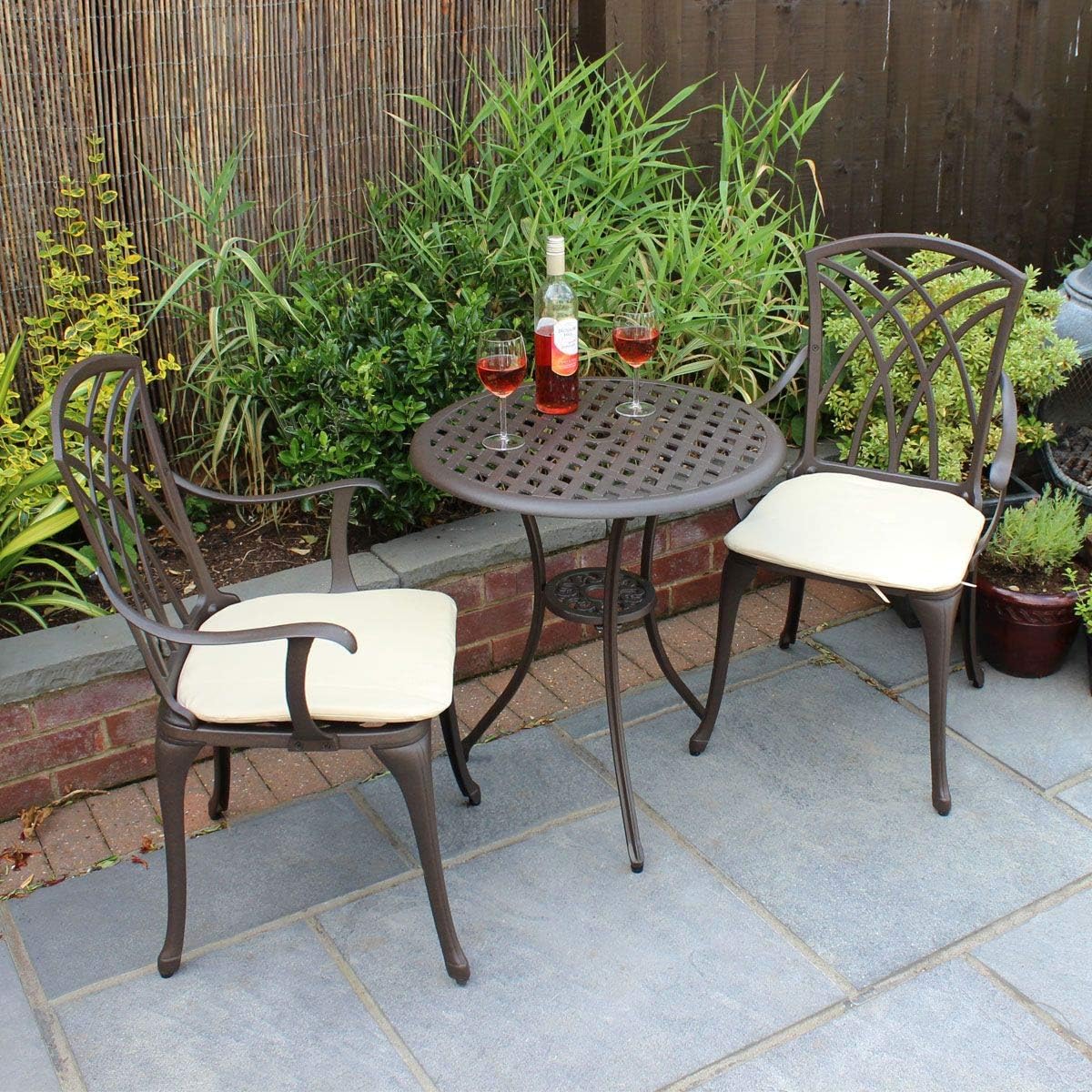 Charles Bentley Cast Aluminium Bistro Round Table And 2 Chairs Set, Outdoor Table, with Beige Seat Cushions, Garden, Patio, With Central Hole For Parasol, Weatherproof, Armchairs (52x51.5x89cm)