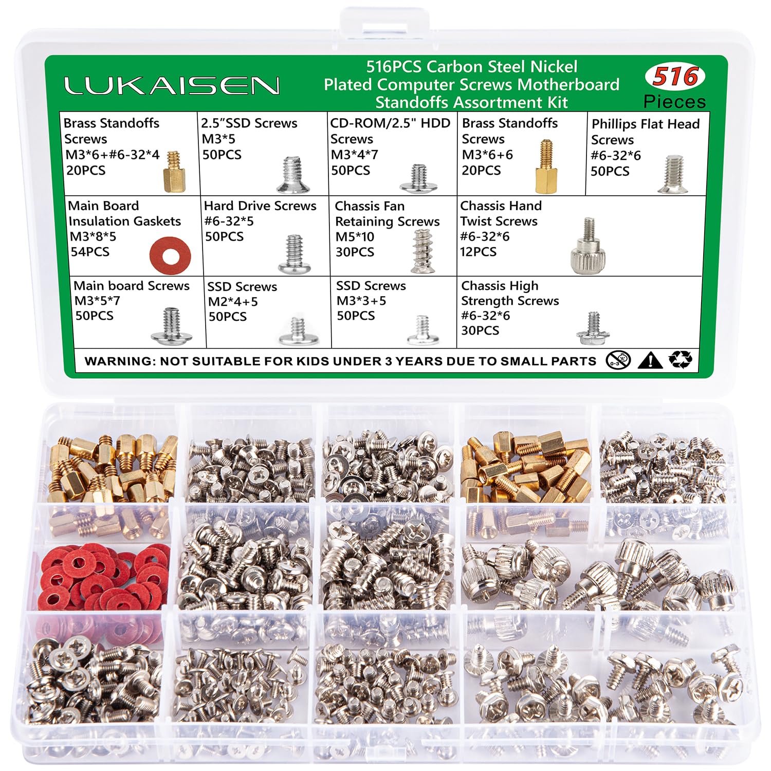 516 PCS Computer Screws Assortment Kit, 6-32 Male to M3 Female Carbon Steel Nickel Plated Motherboard Standoffs Screws for 2.5''SSD Hard Drive Fan Power Graphics Chassis CD-ROM Computer ATX Case