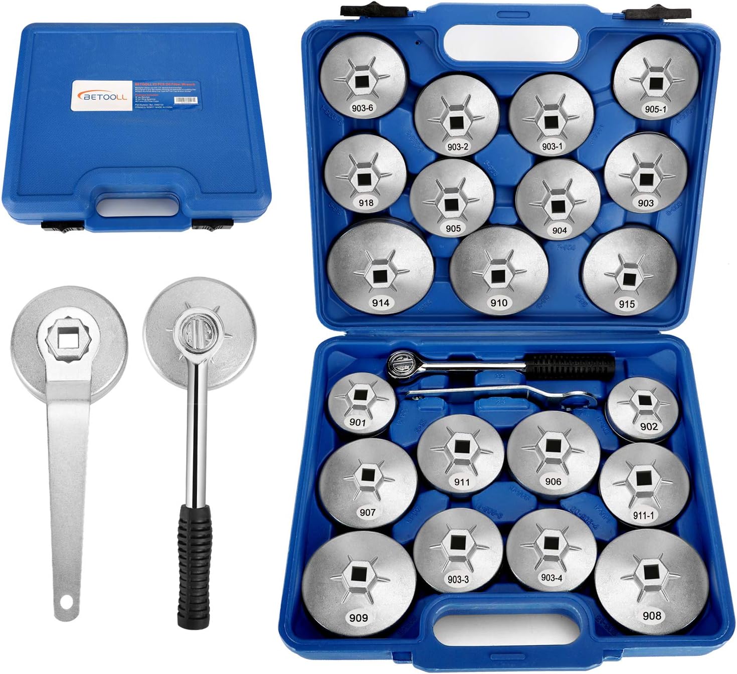 BETOOLL 23pcs Oil Filter Wrench Set, Oil Filter Socket Set with 65, 67, 72, 73, 74, 75, 76, 79, 84, 89, 91, 92, 95, 101mm, Compatible with Toyota VW BMW ‌GMC Sierra Ford Volvo