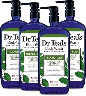 Dr Teal's Body Wash with Pure Epsom Salt, Relax & Relief with Eucalyptus & Spearmint, 24 fl oz (Pack of 4) (Packaging May Vary)