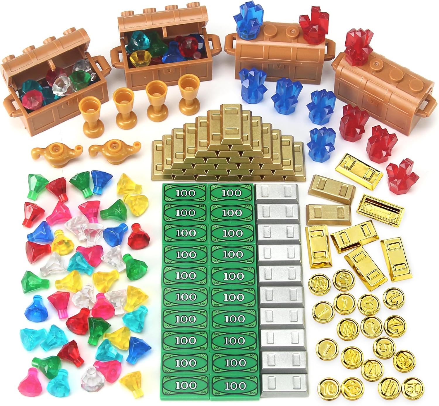 Feleph Treasure Accessories Money Building Blocks Set Jewel Chest, Gems Diamonds, Bullion Electroplated Gold Tile Silver Bar, Power Crystals, Coins, Goblet, 100 Dollar Bill Cash Toy Brick