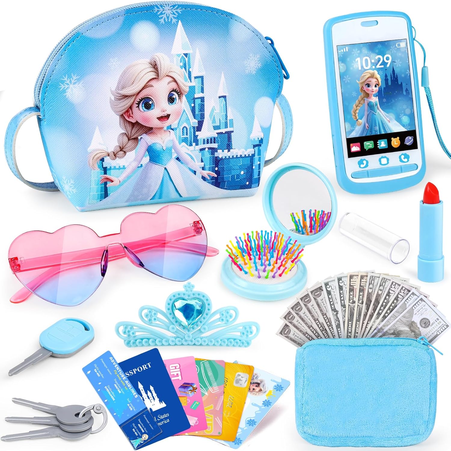 Play Purse for Little Girls, Toddler Kids Toy Purse with Accessories, Pretend Play Makeup Set, Crossbody Bag, Wallet, Fake Keys, Birthday Christmas Princess Gifts Toys for Girls Ages 3 4 5 6 Year Old