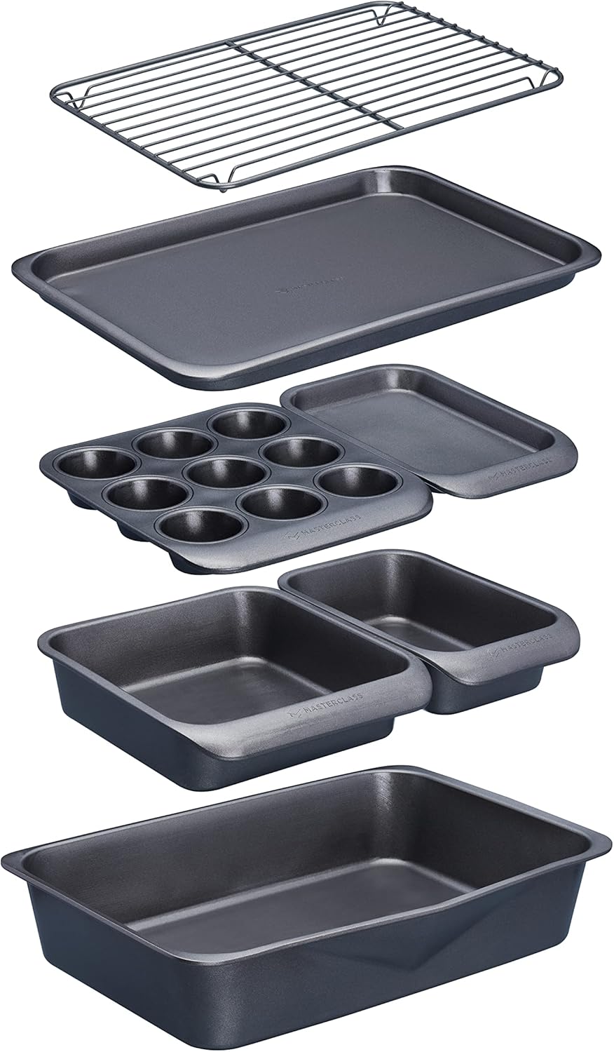 MasterClass Smart Space Stacking PTFE, PFOA and BPA Free Non-Stick Bakeware Set, 7 Piece Baking Trays, Gift Boxed, Grey