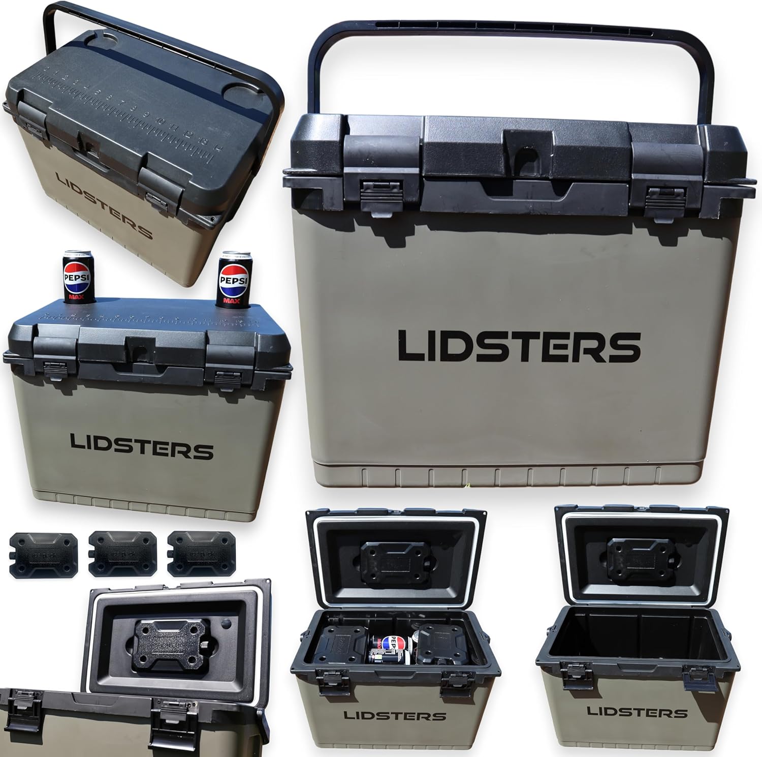 Lidsters Heavy-Duty 25L Cooler Box, Insulated Storage Container with Secure Latches, Drink Can Holder Lid, Olive Green 25 Litre