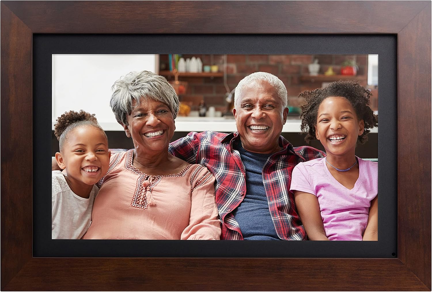 Brookstone PhotoShare 14” Smart Digital Picture Frame, Send Pics from Phone to Frames, WiFi, 8 GB, Holds 5,000+ Pics, HD Touchscreen, Premium Espresso Wood, Easy 1-min Setup