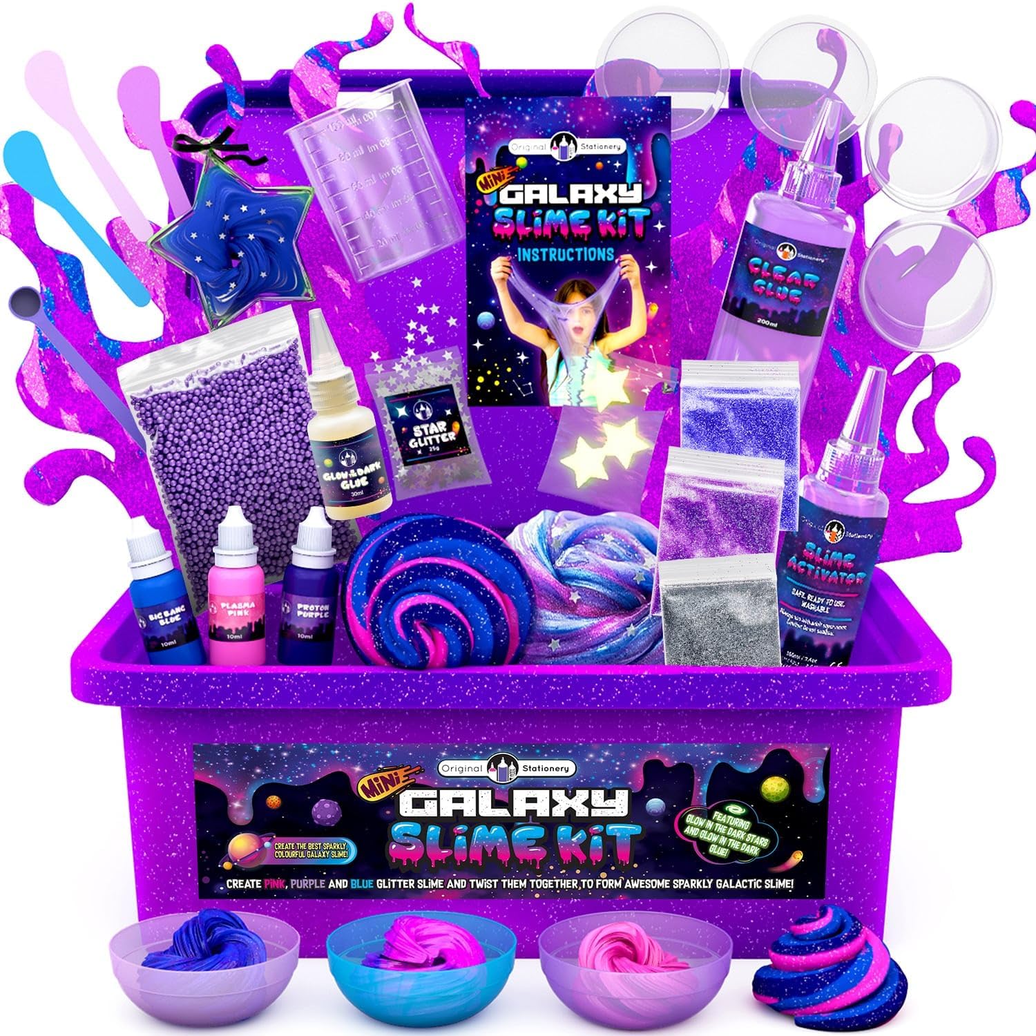 Original Stationery Slime Kit - 22-Piece Mini Galaxy Set - Glow-in-The-Dark & Glitter Slime Making Kit with Glow Powder