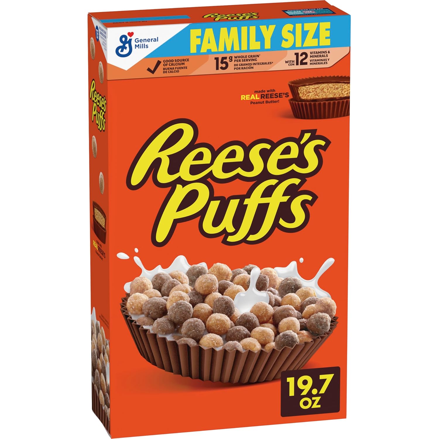REESE’S PUFFS Chocolatey Peanut Butter Cereal, Kid Breakfast Cereal, Family Size, 19.7 oz