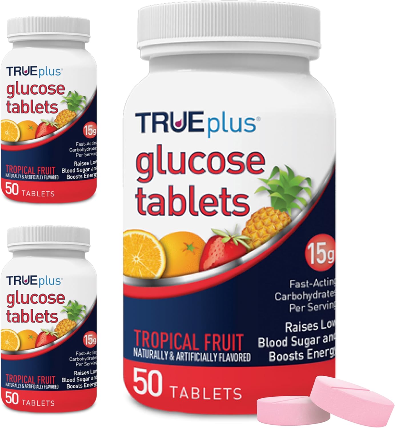 TRUEplus Glucose Tablets, Chewable, Tropical Fruit Flavor, 15g Fast-Acting Carbohydrates, Fat Free, Gluten Free, Raise Low Blood Sugar and Boost Energy, 50 Count, 3 Bottles