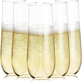 Prestee Stemless Plastic Champagne Flutes Pack of 24's - 9 oz Disposable Wine Glasses for Parties and Cocktail Events - Shatterproof Champagne Flutes Plastic for Weddings and Mimosa Bar Supplies
