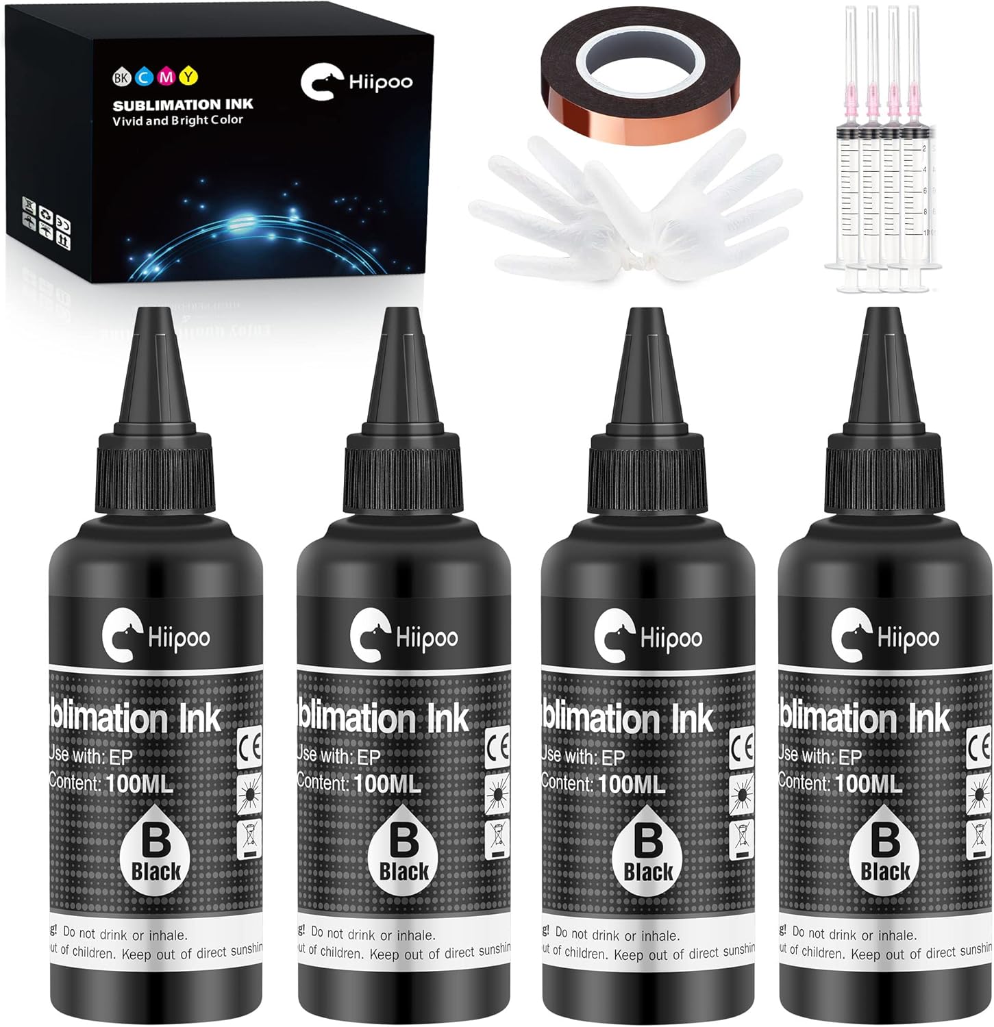 Hiipoo Sublimation Ink Refilled Bottles with Heat Tape Refill for ET2400 XP4105 XP4100 ET2720 ET2760 ET2750 ET4800 ET-2800 ET-2803 ET-2850 Inkjet Printers Heat Press Transfer on Mugs T-Shirts（4bk）