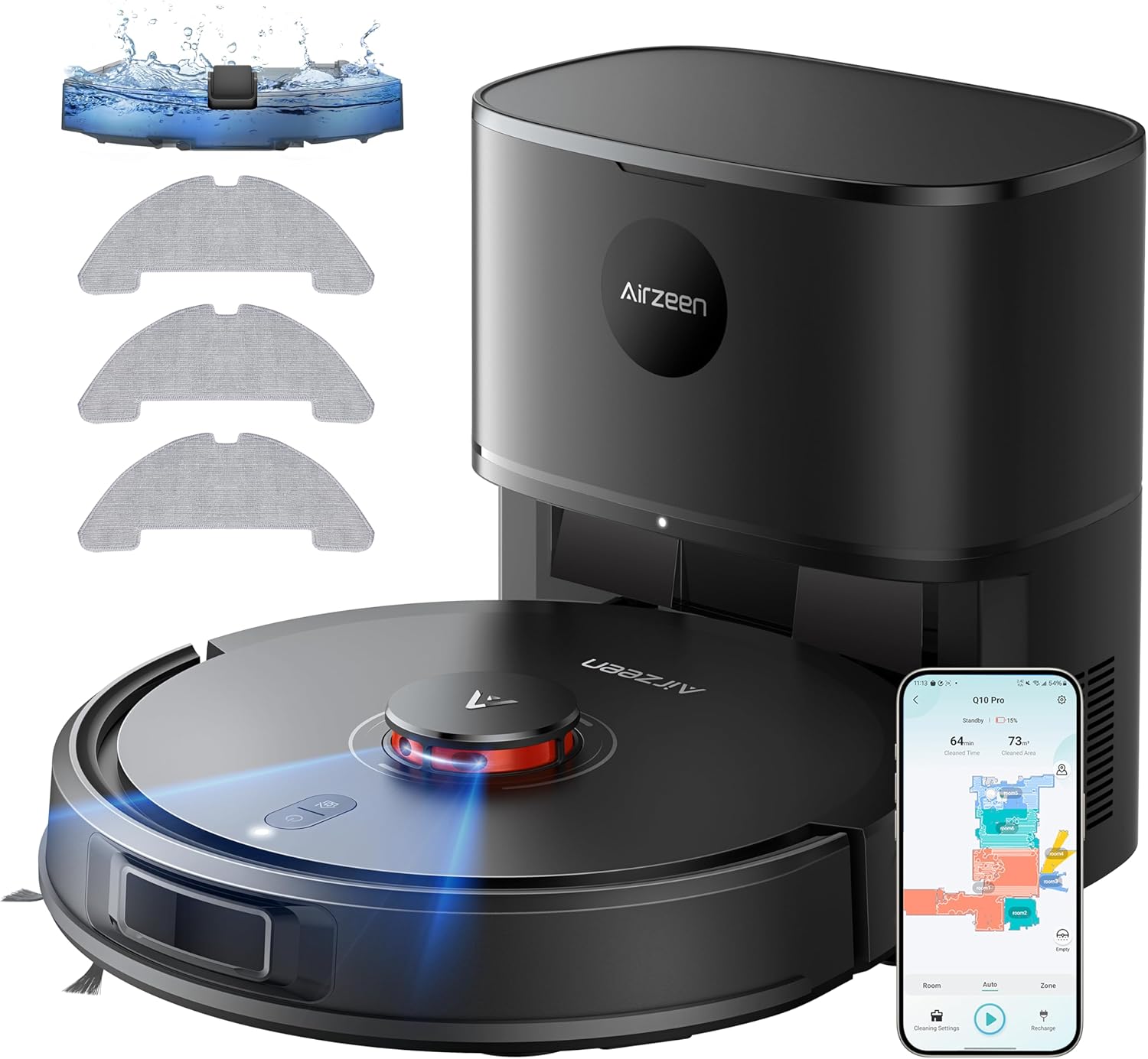 Airzeen Robot Vacuum and Mop, 5000Pa Suction Self-Emptying Robot Vacuum Cleaner, Q10 Pro Robotic Vacuums with Laser Navigator+Smart Mapping, 8 Weeks Hands-Free Cleaning, Schedule, App Alexa Control