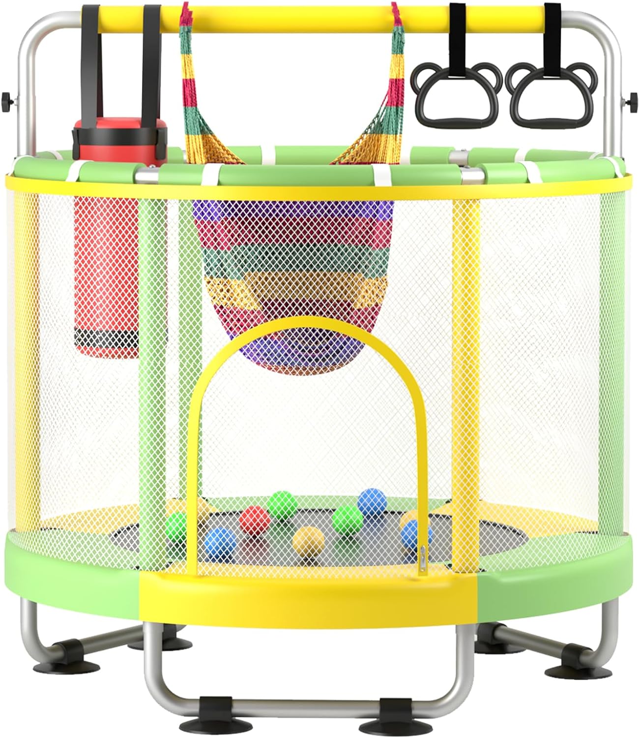 55" Trampoline for Kids with Enclosure, 440lbs Capacity Indoor & Outdoor Toddler Trampoline with Adjustable Gymnastics Bar & Toys, for Boys & Girls
