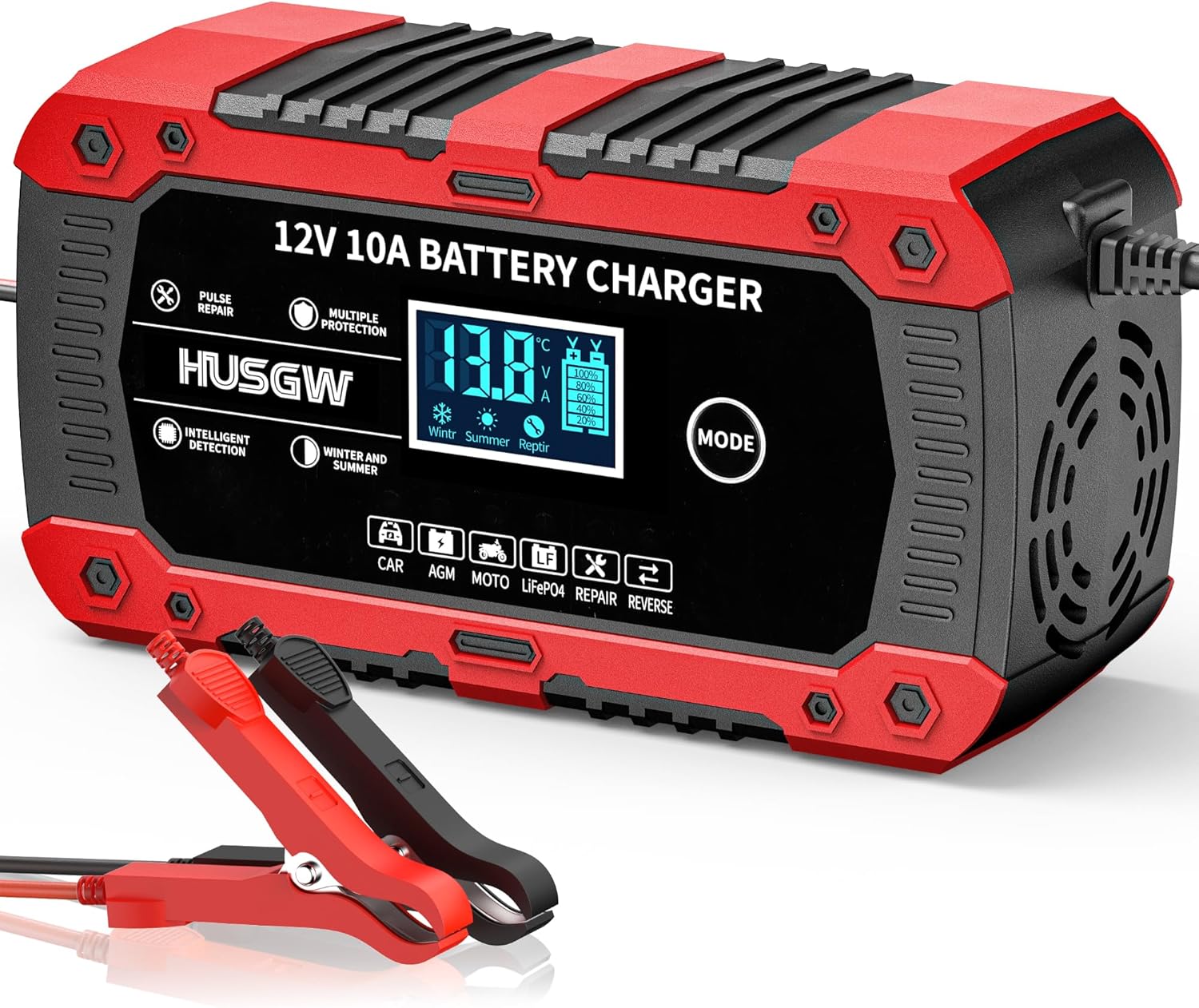 10Amp Car Battery Charger, 12V Automatic Smart Battery Charger/Maintainer with Temperature Compensation, Car Battery Repair and Desulfator for Car, Motorcycle, SUV, Lead Acid/Lithium Batteries & AGM