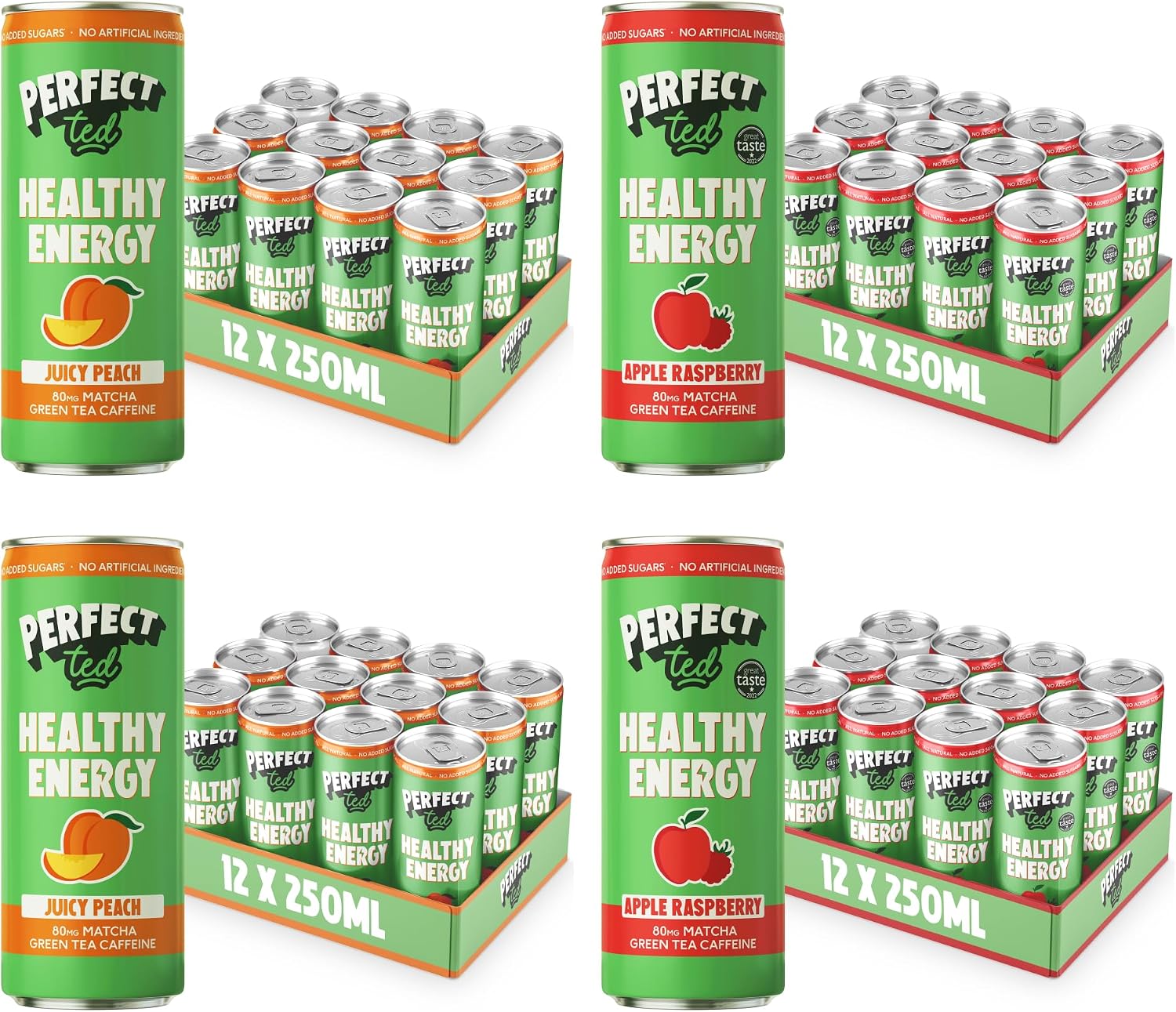 PerfectTed Sparkling Healthy Energy Drink Cans, All-Natural Green Tea Caffeine & L-Theanine | Vegan | Gluten-Free (48 Pack, Apple Raspberry, Juicy Peach)