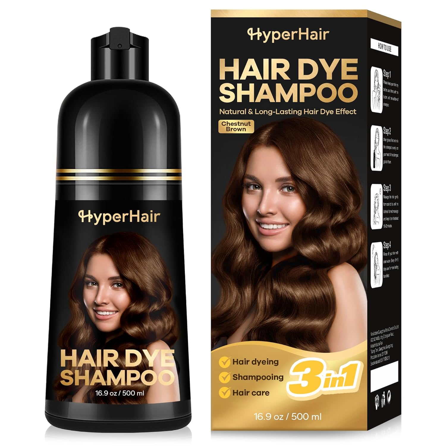 Chestnut Brown Hair Dye Shampoo, Color Treated Hair for Women & Men, Hair Dye Shampoo 3 In 1 for Covering Gray Hair, Long Lasting & Coverage