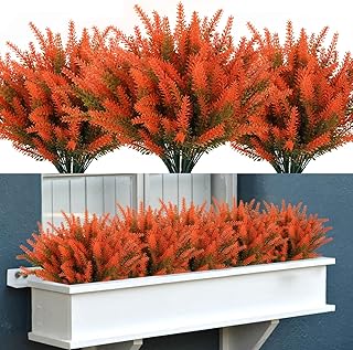 RECUTMS 12 Bundles Fake Flowers Artificial Lavender Faux Plastic Plants for Home Decor Wedding Kitchen Garden Patio Porch Window Table Centerpieces Indoor Outdoor Decorations (Orange)