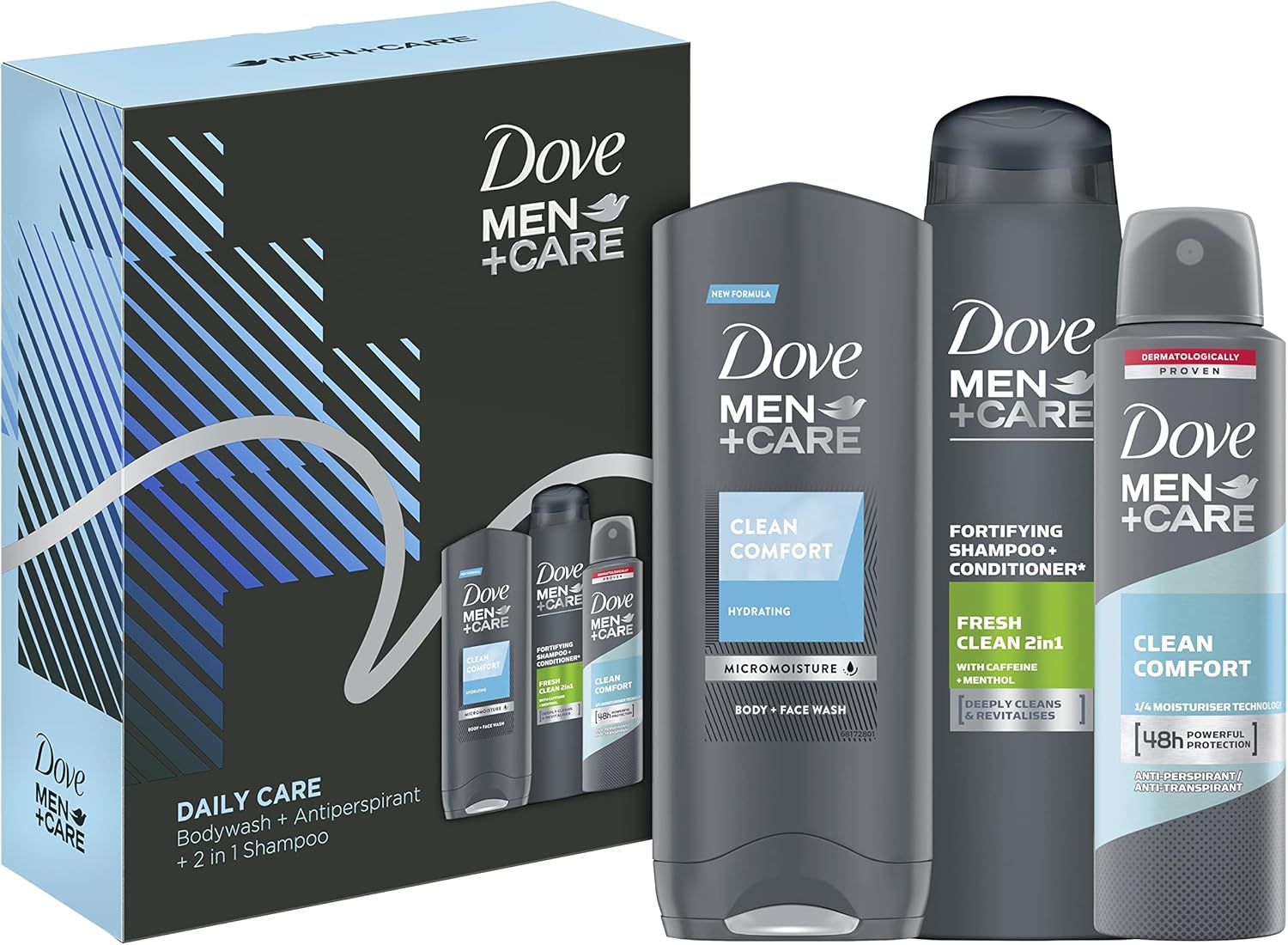 Dove Men+Care Daily Care Trio body wash, 2-in-1 shampoo & conditioner and anti-perspirant in a stylish gift box Gift Set perfect gifts for him 3 piece, White