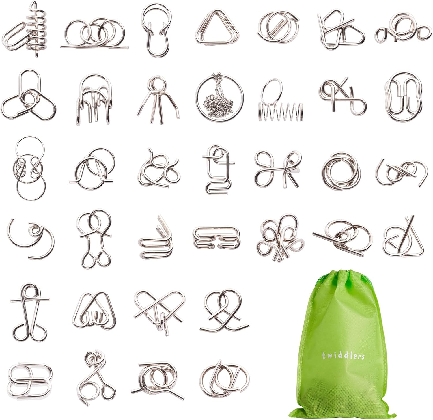 THE TWIDDLERS 36 Pieces Metal Wire IQ Brain Teaser Mind Puzzles, Multipack Mini School Gift Toys, Party Bag Fillers for Kids & Adults Party Favours, Instructions Included