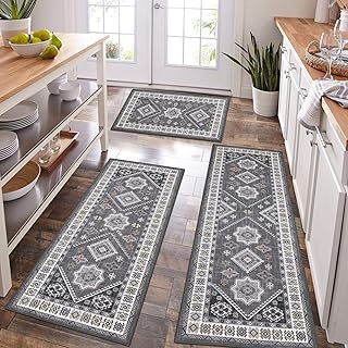 HEBE Boho Kitchen Rug Sets 3 Piece with Runner Non Slip Kitchen Rugs and Mats Washable Kitchen Mats for Floor Thick Kitchen Floor Mat Carpet Runner Rugs for Hallway Laundry Holiday Decor