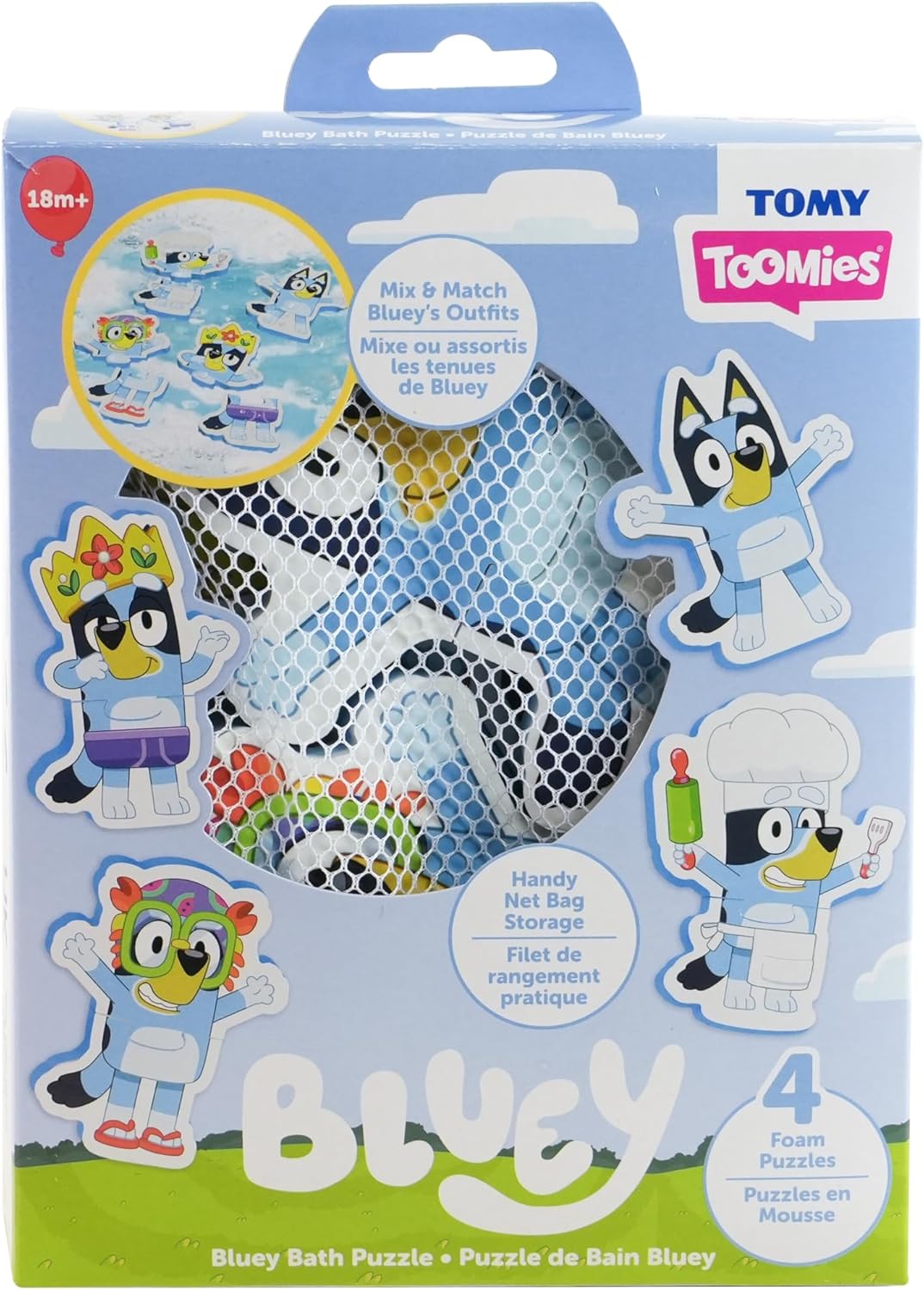 Tomy Toomies Bluey Bath Puzzle - Mix and Match Bluey Puzzle - Foam Toddler Bath Toys - Includes Mesh Bag Bath Toy Storage with Suction Cups - 8 Count - 18 Months and Up